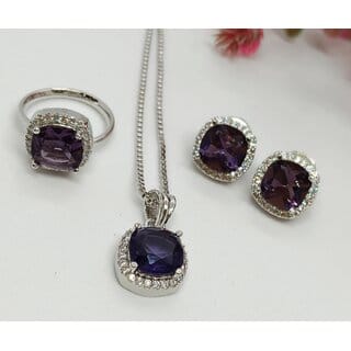 Premium Quality AAA CZ Amethyst Stones Pendant Stuyds Earrings Adjustable ring with Chain Set