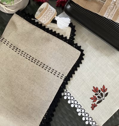 KRI India Stitch Canvas Set of 6 Table Napkins (Black) | Beige & Black | 16x16 inches | Wash & Care | 100% Cotton | Handcrafted in India. 100% organic & natural.