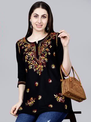The Chikankari Story: Authentic Lucknowi Chikankari Hand-Embroidered Short Kurta in Pure Cotton-XS / Black
