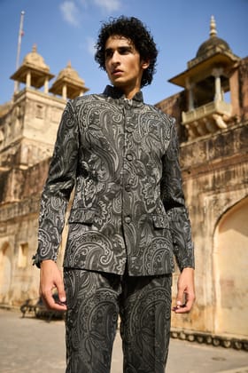 PAISLEY BAND COLLAR JACKET-M / Charcoal