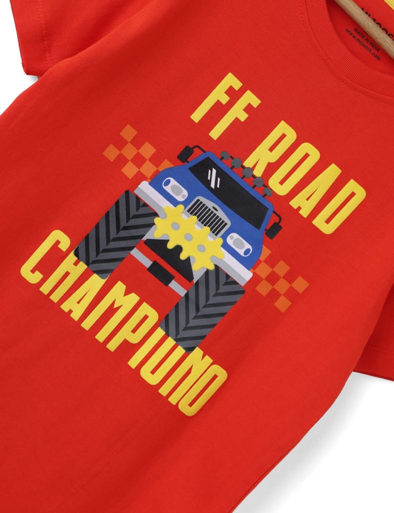 Trendy Kids Boys T shirt Cotton Fiery Red Off Road Champion 2025 at ShopCircuit | ONDC