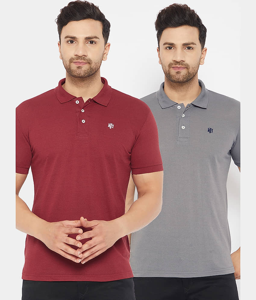 The Million Club Pack of 2 Cotton Blend Regular Fit Solid Half Sleeves Men's Polo T Shirt ( Maroon )