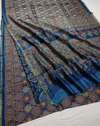Ret Ki Chhaya Ajrakh Printed Chanderi Silk Saree Cerulean Blue
