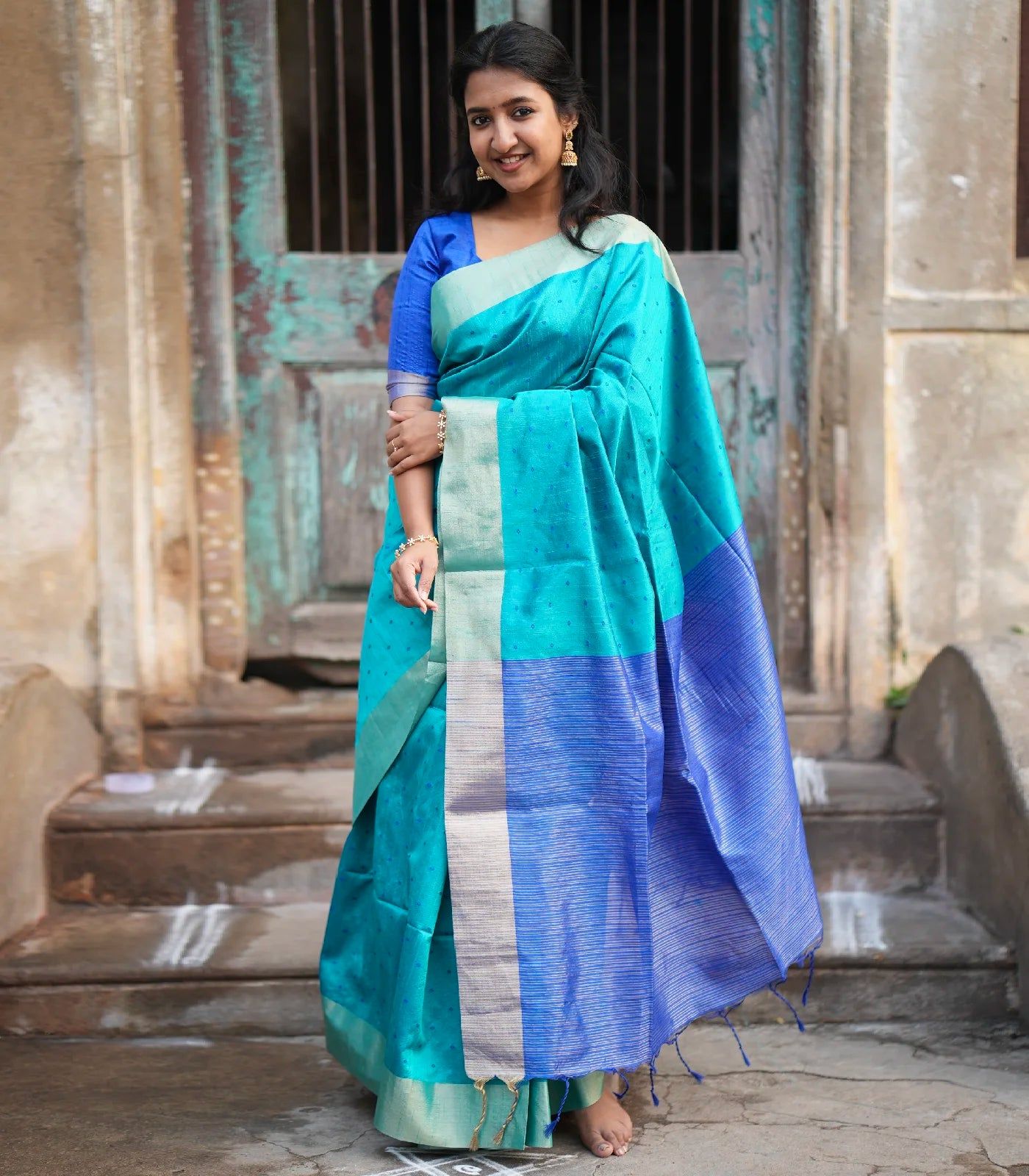 Turquoise Woven Art Raw Silk Saree With Diamond Motifs-Turquoise