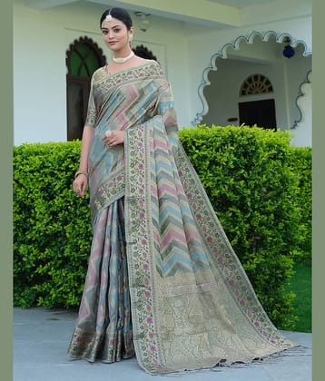 Satrani Organza Woven Saree With Unstitched Blouse Piece ( Light Grey )