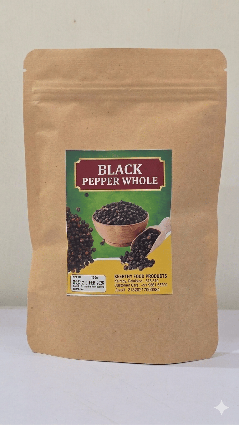 Keerthy Food Products Whole Black Pepper | Premium Kali Mirch Whole Spice | Strong Aroma & Bold Flavor for Cooking | 100g