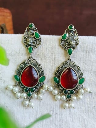 Silver Replica Monalisa Stone Dangler Earrings with Pearls for Special Occasions-Magenta+Green