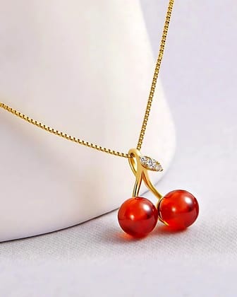 Red Cherry Pendant Necklace for Women & Girls - Korean Style Cute Fruit Jewelry  by Print Magical Gifts