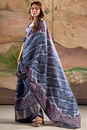 Metallic Blue Printed Dola Silk Saree