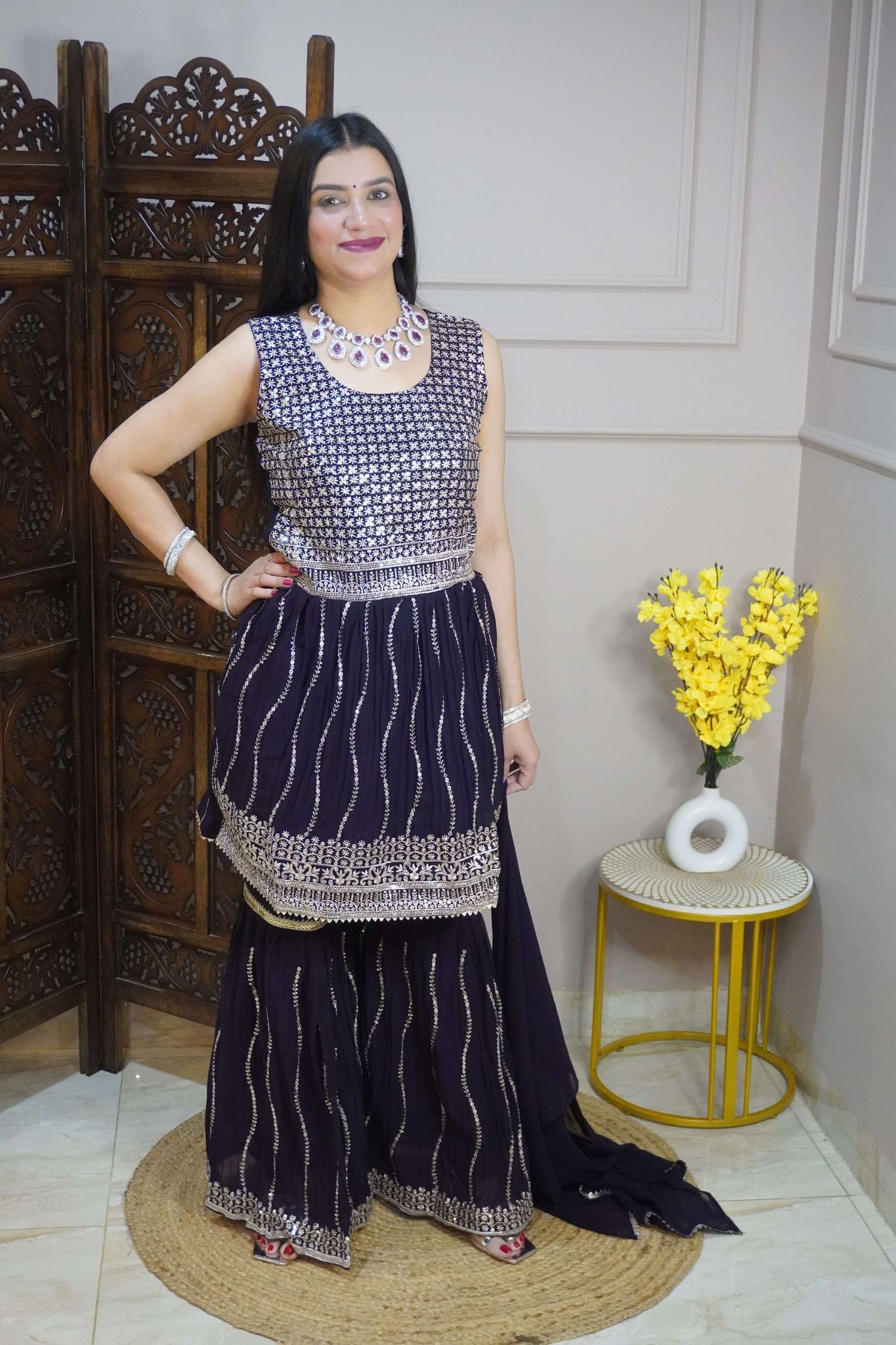 Wine Colour Sequence & Thread Work Kurta & Sharara With Dupatta (Dress have 4 inch of margin both side for alteration as per customer need)-Free Size / Wine
