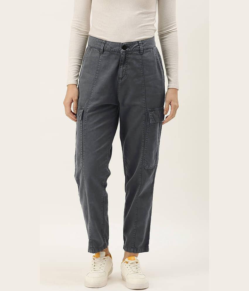 Women Iron Grey Regular Fit Paneled Solid Cargo Trousers
