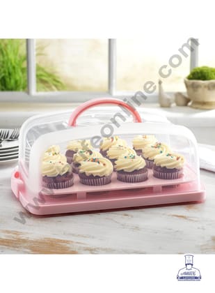 CAKE DECOR™ 2 in 1 Cupcake Carrier and Cake Keeper with Lid | Cupcake Box to Fit 12 Cupcake (Big)- Pink