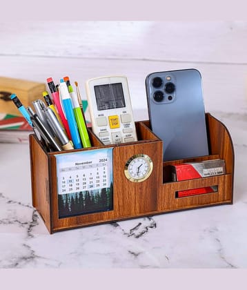 Desk Organizer With Calender, Clock, Business Visiting Card And Mobile Holder|Multipurpose Wooden Pen And Pencil Holder Stand For Office&Study...