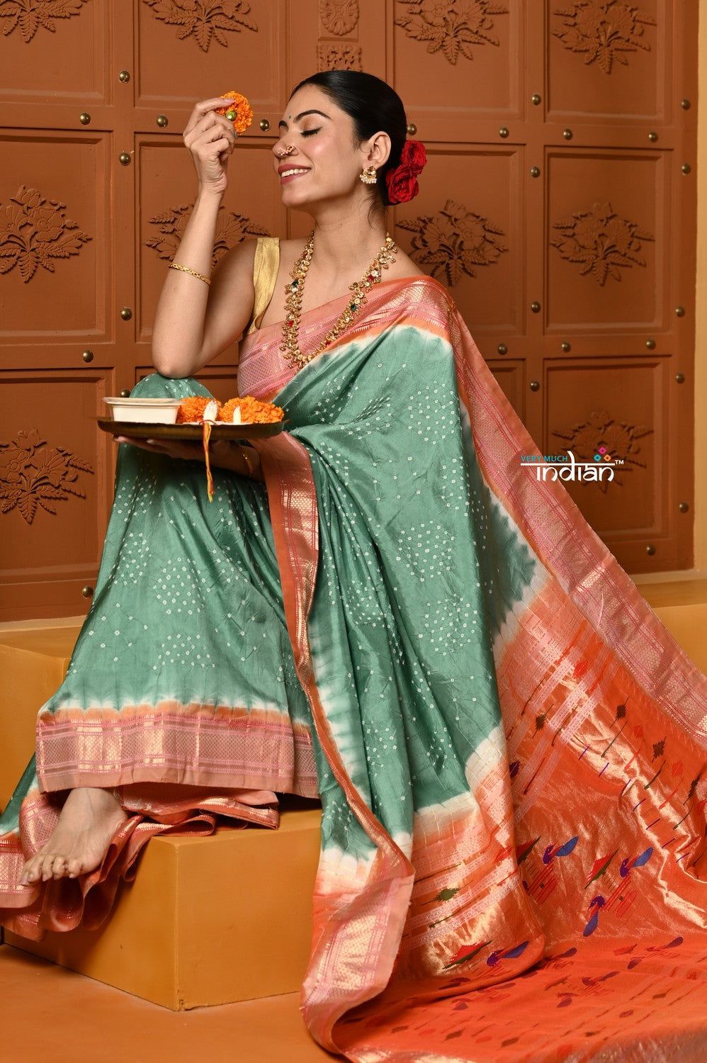 Shubh ~ Handloom Pure Silk Paithani with All Over Hand Bandhani in Teal Green with Double Pallu
