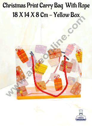 CAKE DECOR™ Christmas Print Carry Bag  With Rope (18 X 14 X 8 Cm) - Yellow Box | Gift Box | Gift Bag with Handle (1 Pcs Pack)