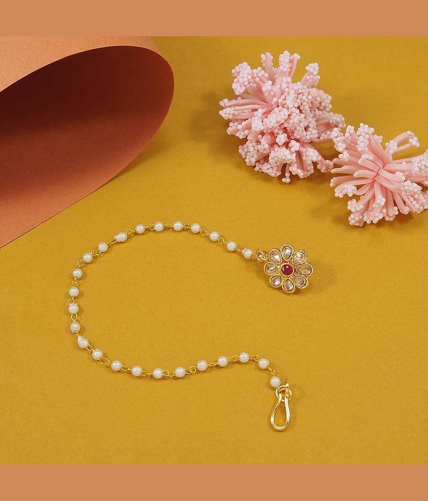Kundan Studded Gold Plated Non Pierced Nose Ring with Pearl Chain