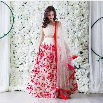 Designer Red and White Color Embroidered Semi-stitched Party wear Lehenga Choli