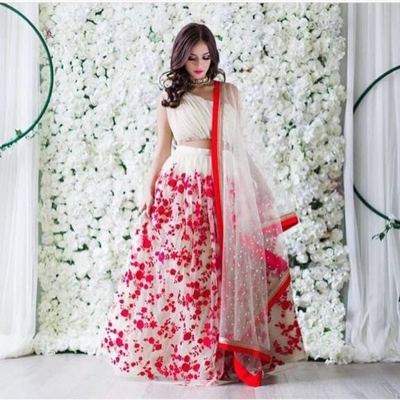 Designer Red and White Color Embroidered Semi-stitched Party wear Lehenga Choli
