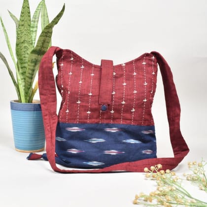 Maroon and Blue Ikat sling bag with hand embroidery