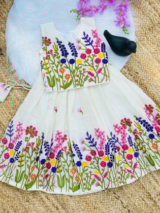Innovative Flower Work Pure Kora Cotton Lehengha and Top for Kids-Beige / 0-6 Month