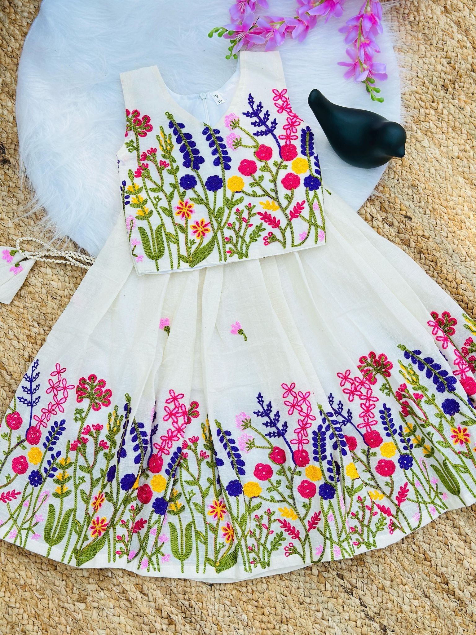Innovative Flower Work Pure Kora Cotton Lehengha and Top for Kids-Beige / 0-6 Month