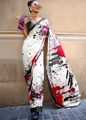 Black and White Satin Crepe Digital Printed Saree