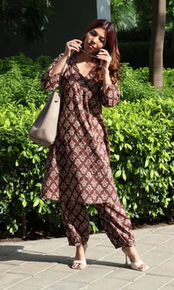 Cotton Chocolate Brown A-Line Kurta with Pathani Pants-2XL