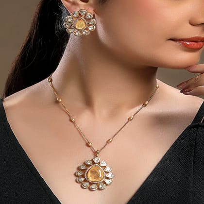 Classic Glamour Necklace Set with Peach Teardrop Pendant- HRNS347
