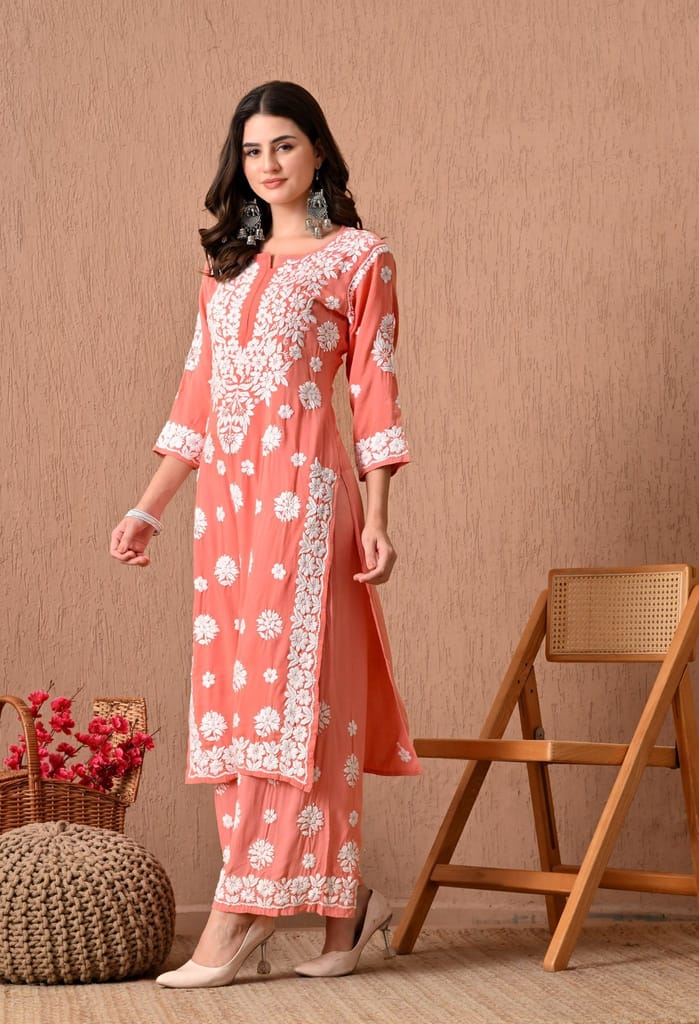 Hand Embroidered Chikankari Plazo Set 3d Work- Peach