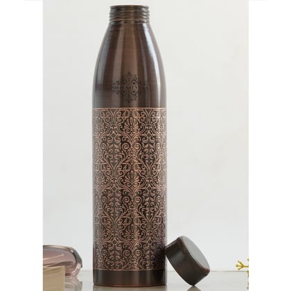 Indian Art Villa Pure Copper Bottle with Antique Dark Embossed Design, 900ml, Drinkware, For Home | Office-1