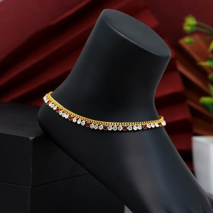 Maroon Color Rhinestone Anklets (ANK922MRN)-Length: 26.00 CM x Width: 0.50 CM / Maroon / Brass With Good Quality Gold Plated