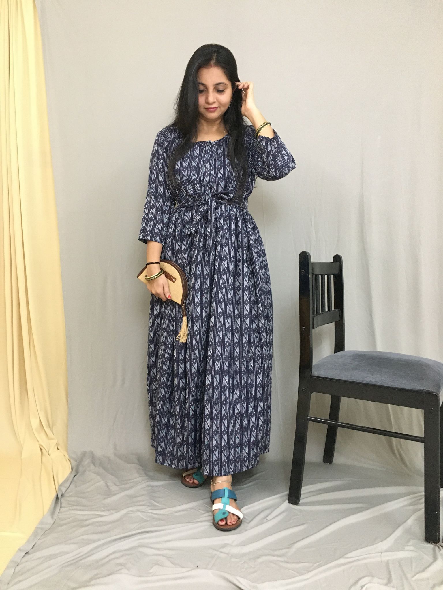 Blue Katha  - Maternity Kurti with Feeding Zips - Cambric Flex - Thicker Fabric-40 - 42 ( L - XL )