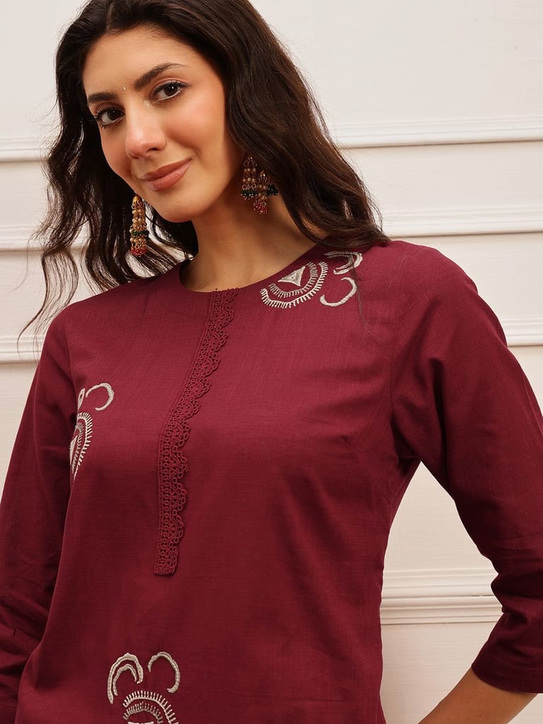Wine Embroidered Cotton Kurta