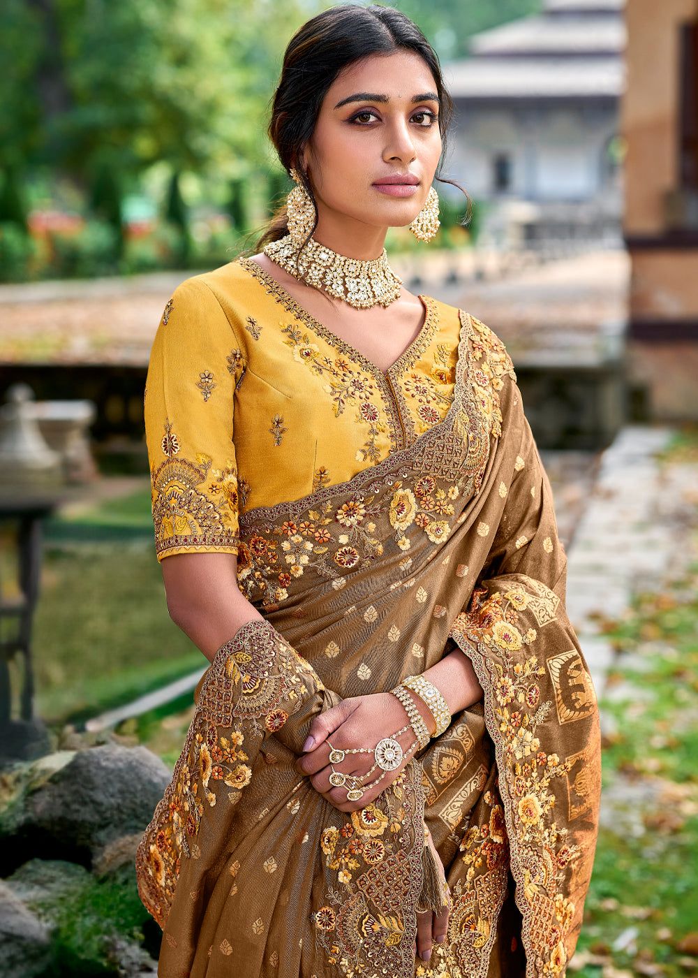 Earthy Brown Woven Banarasi Designer Silk Saree With Embroidered Blouse