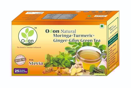 ODON NATURAL Moringa Turmeric Ginger Giloy Herbal Green Tea with Stevia | 25 Tea Bags | Natural Immunity Booster | Ayurvedic Detox & Stress Relief | Sweetened Herbal Blend | Caffeine-Free Wellness Tea