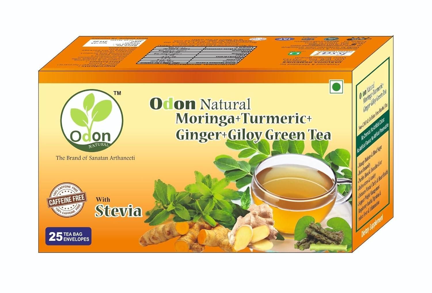 ODON NATURAL Moringa Turmeric Ginger Giloy Herbal Green Tea with Stevia | 25 Tea Bags | Natural Immunity Booster | Ayurvedic Detox & Stress Relief | Sweetened Herbal Blend | Caffeine-Free Wellness Tea