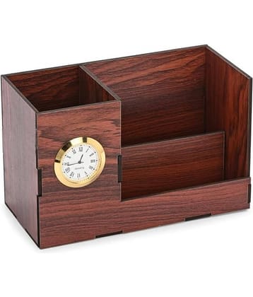 Wooden Desk Organizer Pen Stand with Quartz Clock – 3-Compartment Stationery Holder for Office, Study Table & Gifting