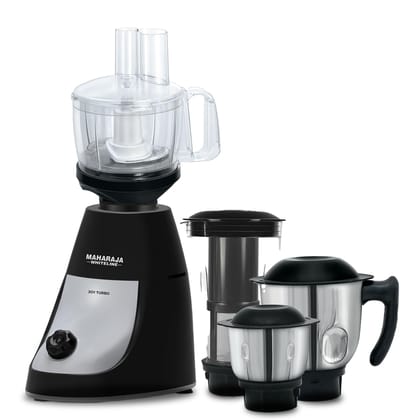 Maharaja Whiteline Joy Turbo 800 W Food Processor, Juicer and Mixer Grinder | Stainless Steel Blades | Cooling Operation | 4 Jars, 7 Blades Atta Kneader, Chop, Whisk, Slice & Shred | Black, Silver Maharaja Whiteline Joy Turbo 800 W Food Processor, Juicer