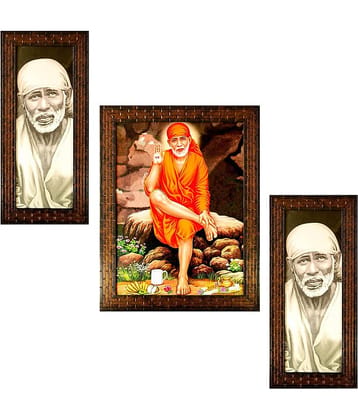 Indianara Sai Baba Wood Painting With Frame Set of 3 Indianara Sai Baba Wood Painting With Frame Set of 3