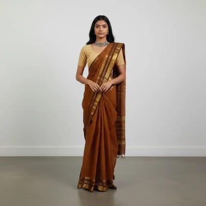 Handwoven Kanchipuram Cotton-Silk Saree in Ochre Brown with Golden Border