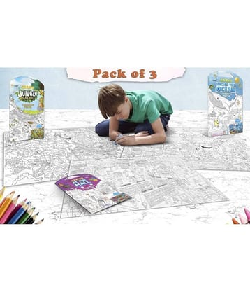 GIANT JUNGLE SAFARI COLOURING POSTER, GIANT AT THE MALL COLOURING POSTER and GIANT UNDER THE OCEAN COLOURING POSTER | Set of 3 Posters I Intricate coloring posters