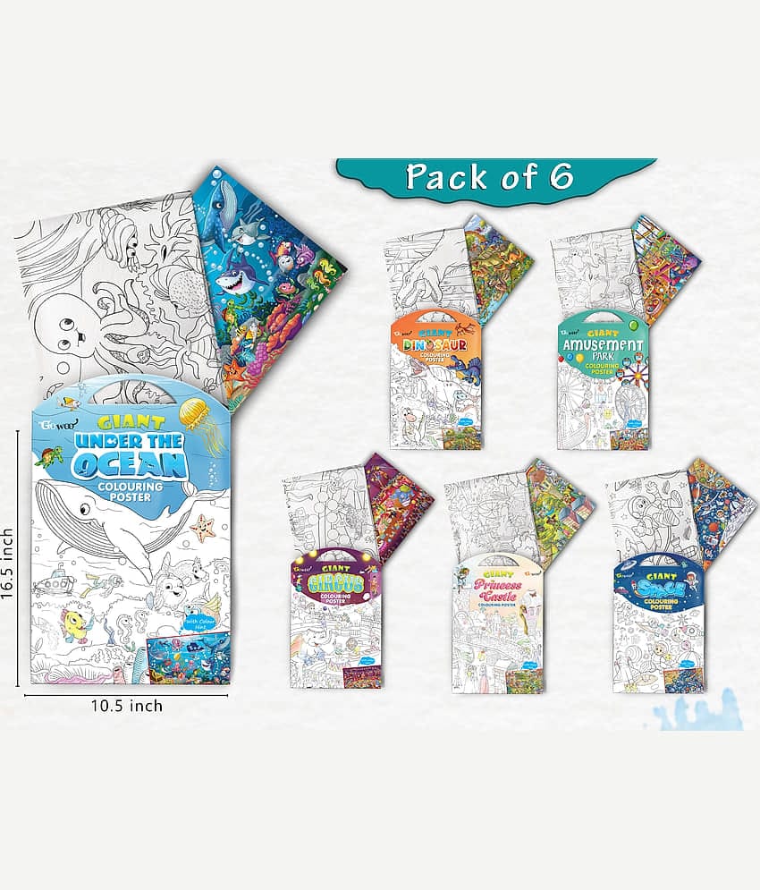 GIANT PRINCESS CASTLE COLOURING , GIANT CIRCUS COLOURING , GIANT DINOSAUR COLOURING , GIANT AMUSEMENT PARK COLOURING , GIANT SPACE COLOURING  and GIANT UNDER THE OCEAN COLOURING  | Set of 6 s I Peaceful Coloring Combo