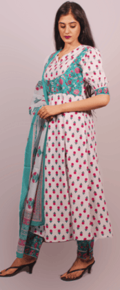 Rekha fashion_stylish wear cotton  white-blue printed kurti set with dupatta