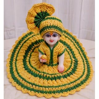 Handmade Crochet Laddu Gopal Dress with Pagdi | Yellow Green Woolen Kanha Ji Poshak