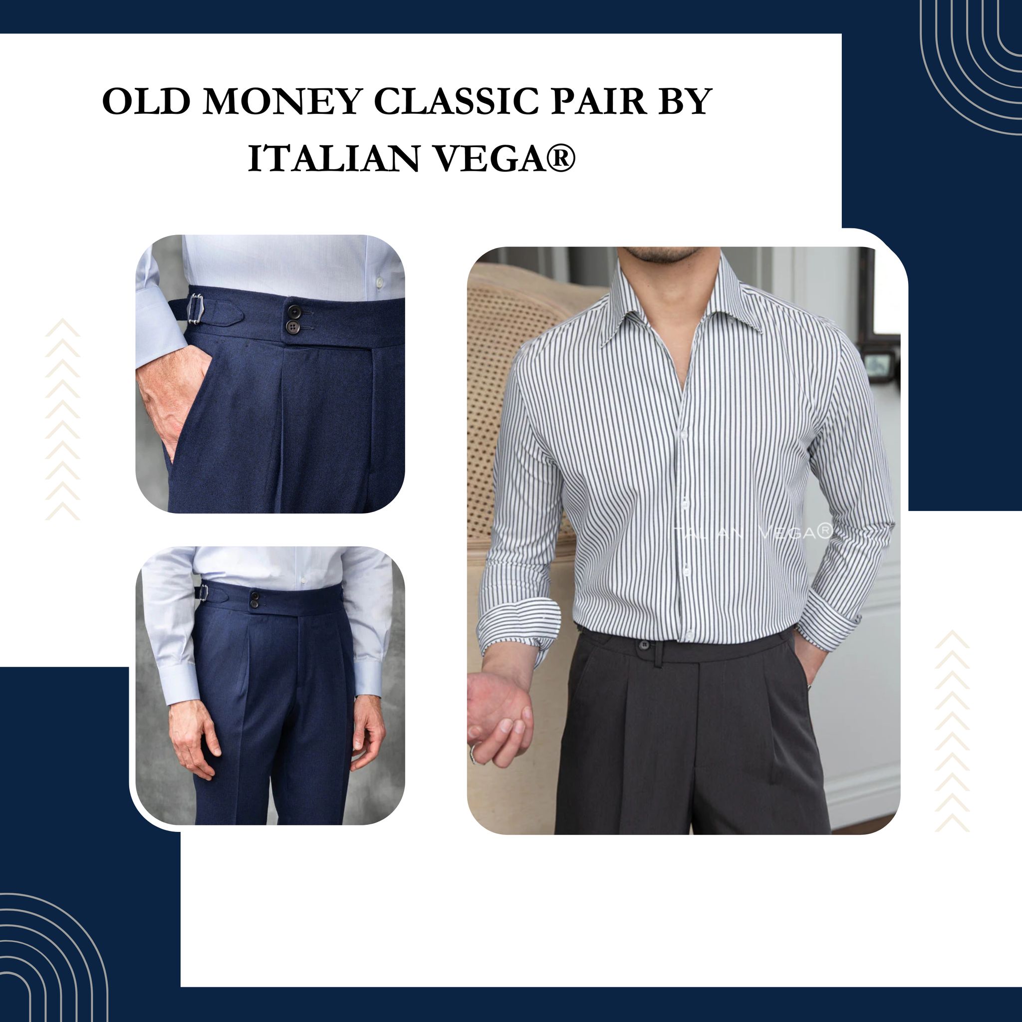 Old Money Grey Stripe Shirt with Navy Blue Signature Buttoned Gurkha Pant by ITALIAN VEGA®-M / 28
