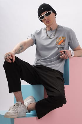 Graphic Printed Half Sleeve Grey T-shirt-Gray / M