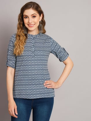 Grey Cotton Mandarin Collar Pure Cotton Tunic Top-XS