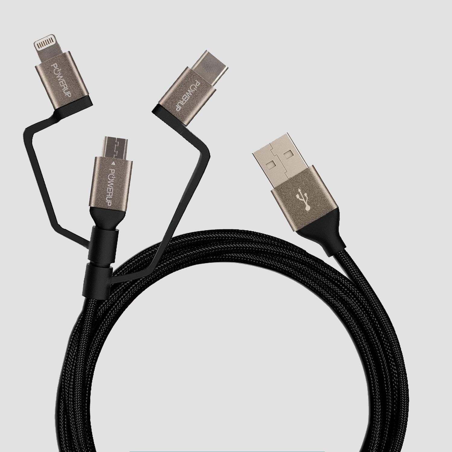 POWERUP 3IN1 Cable USB A to Micro USB | Type C | Lightning 1.5 Mtr / 150 cm - Black