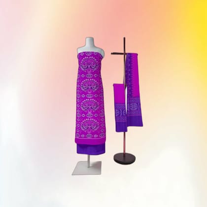 Purple Ethnic Motif Unstitched Dress Material Set | Traditional Ikat Style | Festive Wear