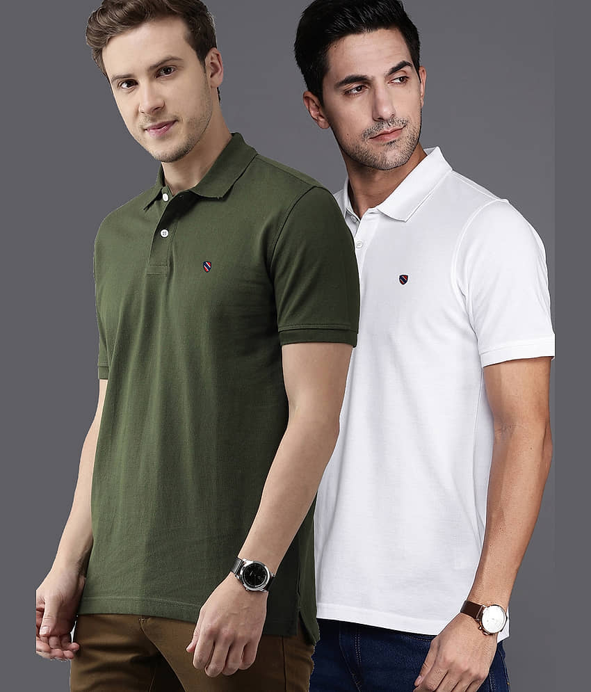 Merriment Pack of 2 Cotton Blend Regular Fit Solid Half Sleeves Men's Polo T Shirt ( White )